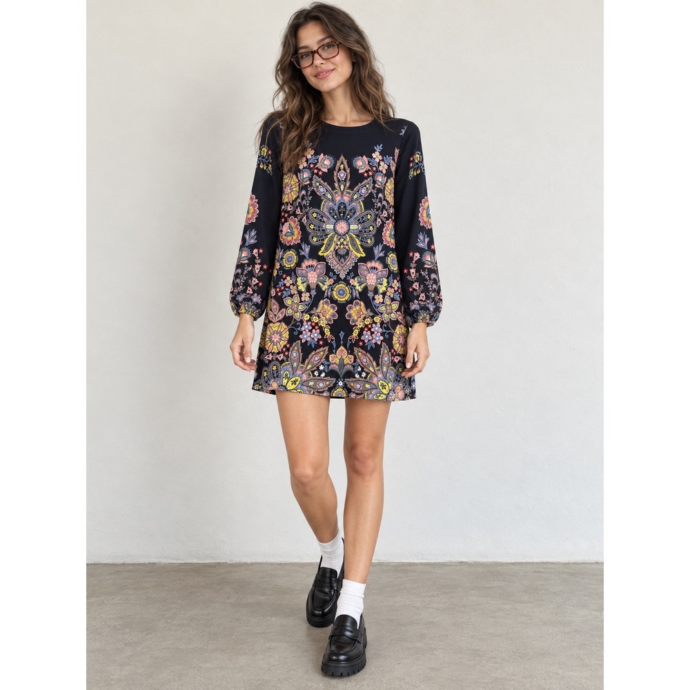 Loft Petite Floral Paisley Shift Dress Black Multi 3/4 Sleeve XSP